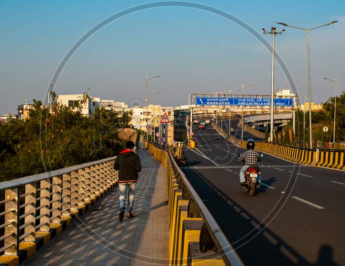 FLYOVER CONNECTING TO JUBILEE HILLS RD.NO45 FROM DURGAM CHERUVU CABLE STAYED BRIDGE, MADHAPUR, TELANGANA.