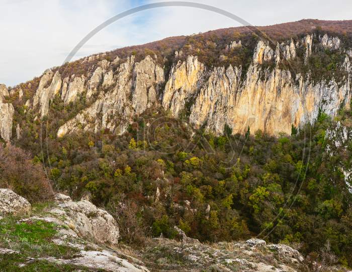 Wide Angle Panoramic View Of Eagle Gorge Natural Monument In Kakheti Region. Georgia Sightseeing