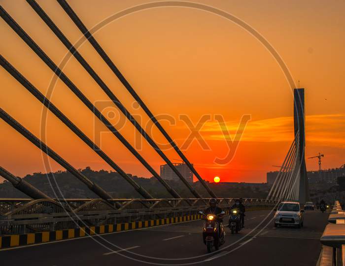 SUNSET VIEW AT DURGAM CHERUVU CABLE STAYED BRIDGE, MADHAPUR, TELANGANA.