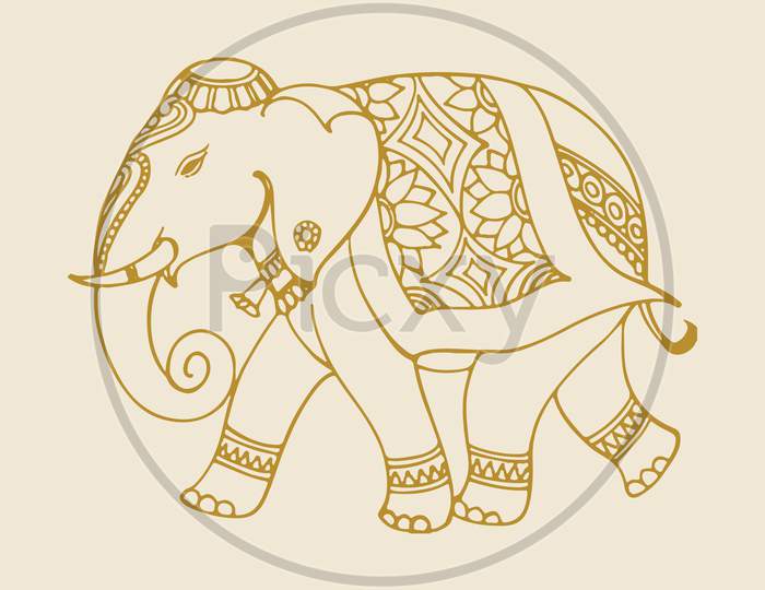 Sketch Of Bridegroom Sitting Above The Decorated Elephant Editable Outline Illustration. King Above The Elephant During Jamboo Savari Mysore