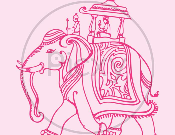 Sketch Of Bridegroom Sitting Above The Decorated Elephant Editable Outline Illustration. King Above The Elephant During Jamboo Savari Mysore