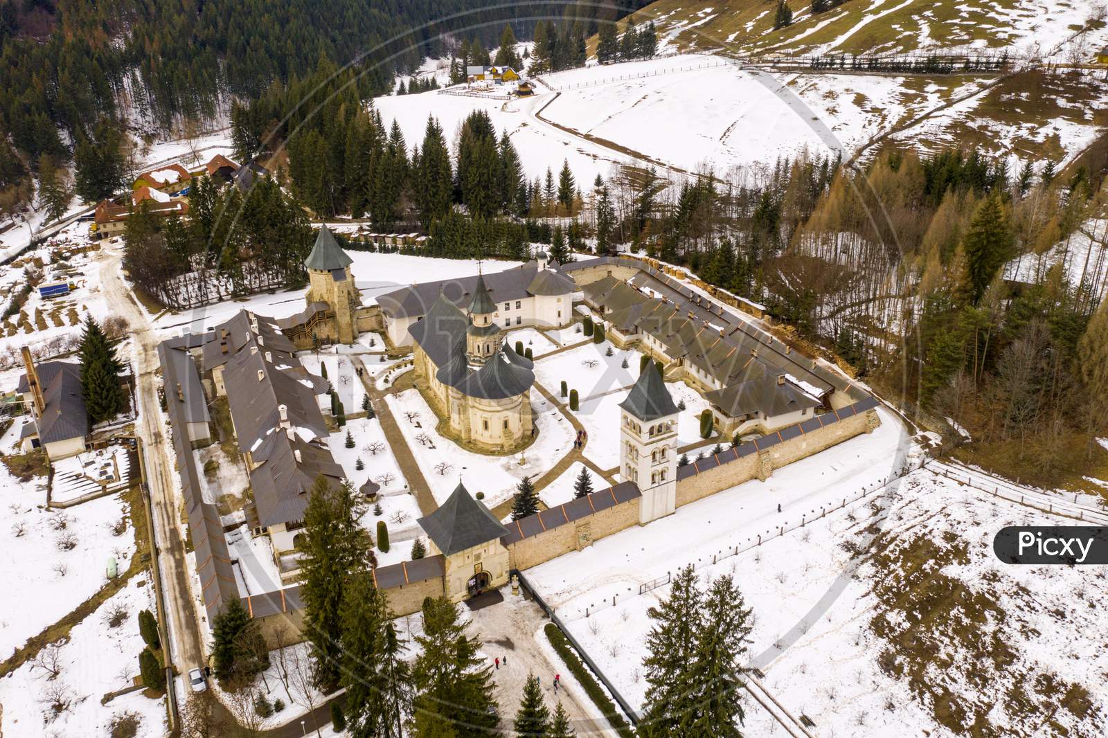 Aerial View Of Putna Monastery In Winter