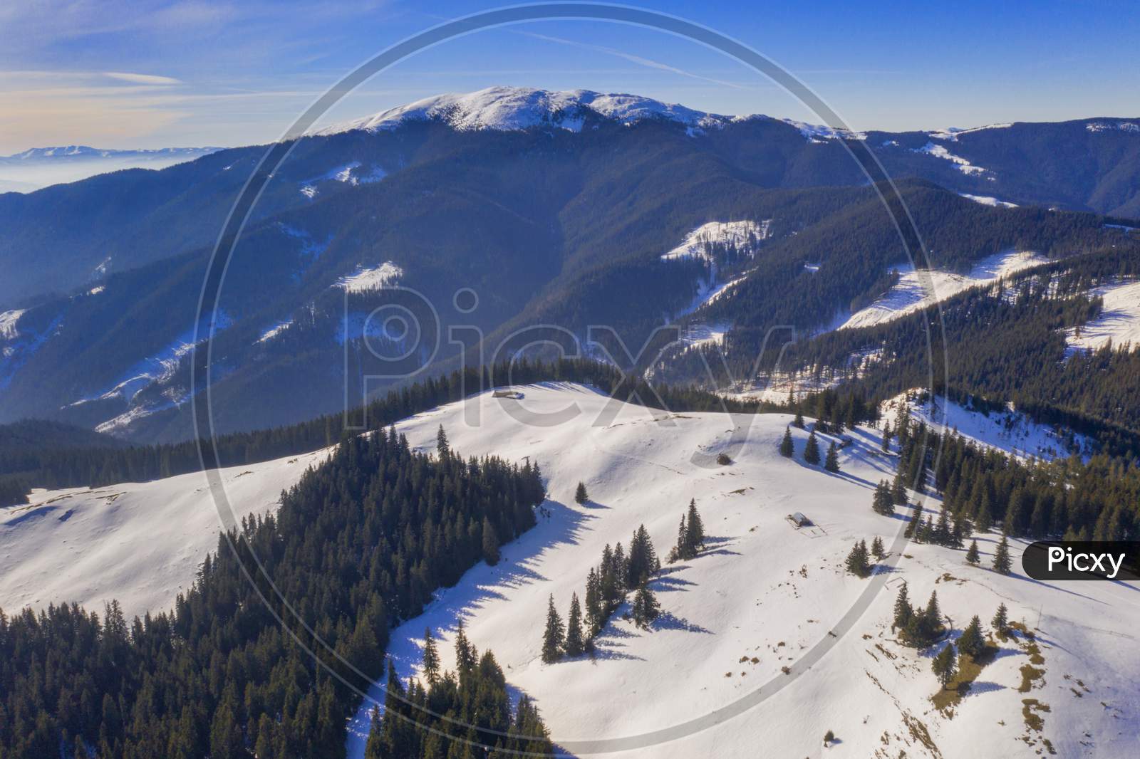 Mountain Winter Scene, Aerial Sunny Day View