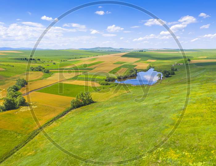 Aerial View Of Summer Fields In Rural Scene