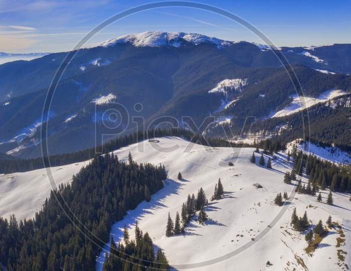 Mountain Winter Scene, Aerial Sunny Day View
