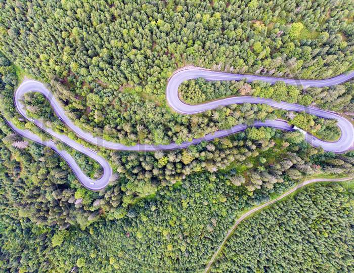 Above View Of Winding Road In The Forest