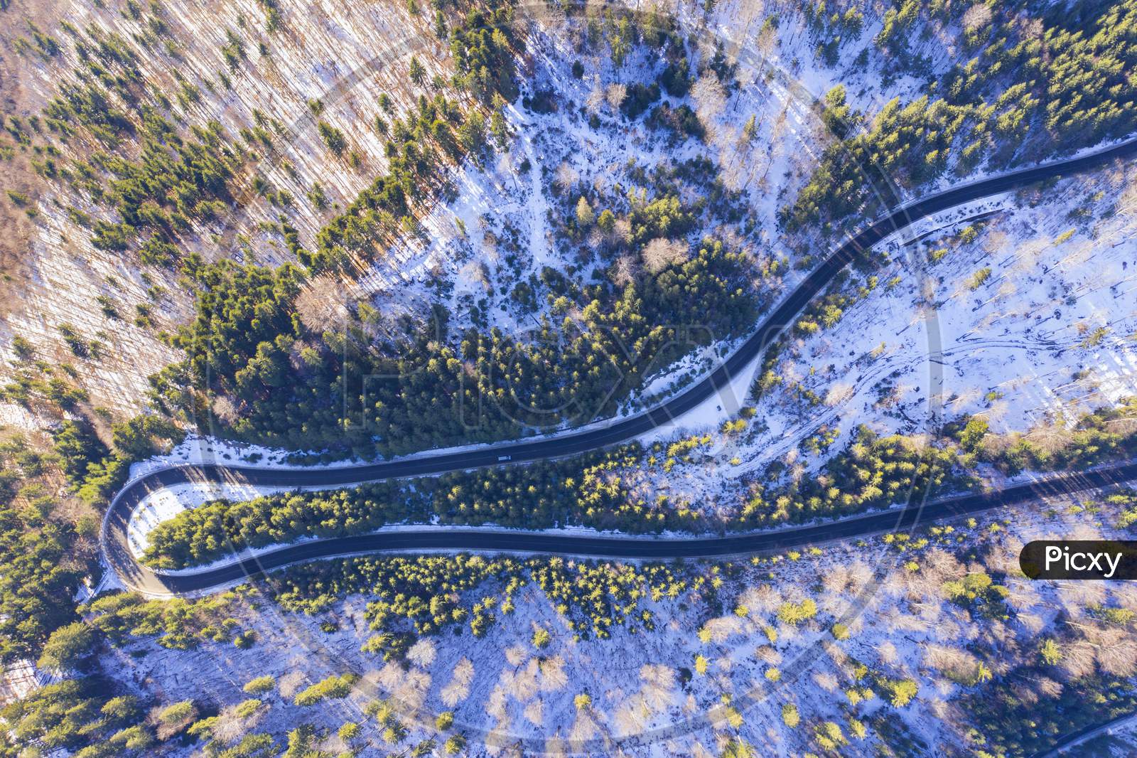 Above View Of Winding Road In Forest