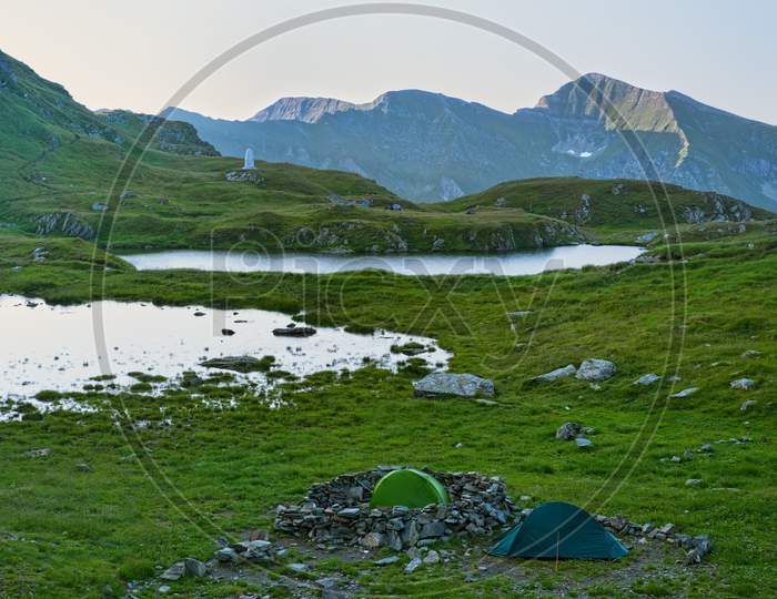 Mountain Camping Tents In Summer Landscape