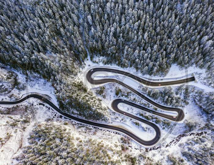 Above View Of Curvy Winter Road