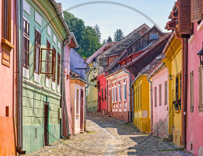 Ancient But Colorful Houses On Sighisoara Streets
