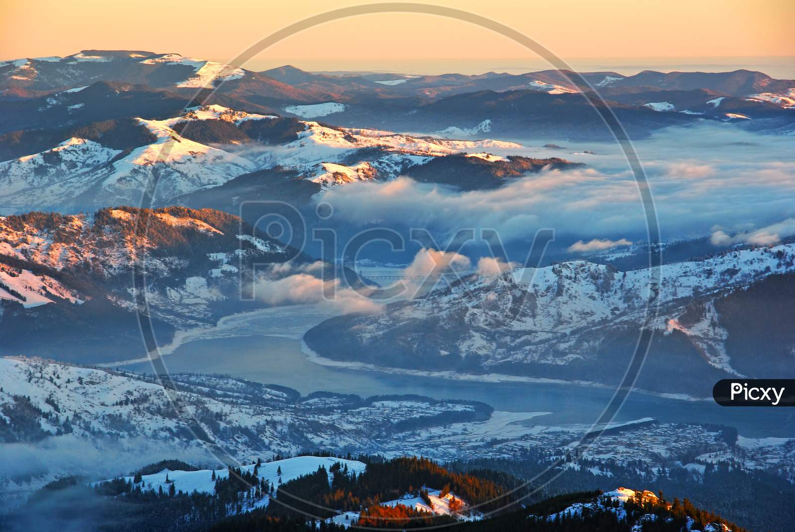 Aerial Winter Panorama Over Misty Valley