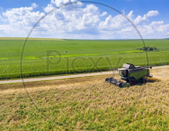 Working Combine Harvester In Cereal Field