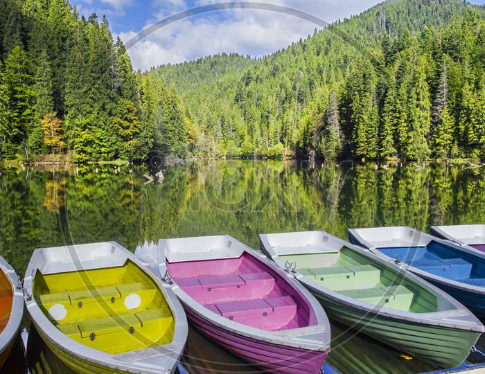 Colorful Boats Docked On A Forest Lake