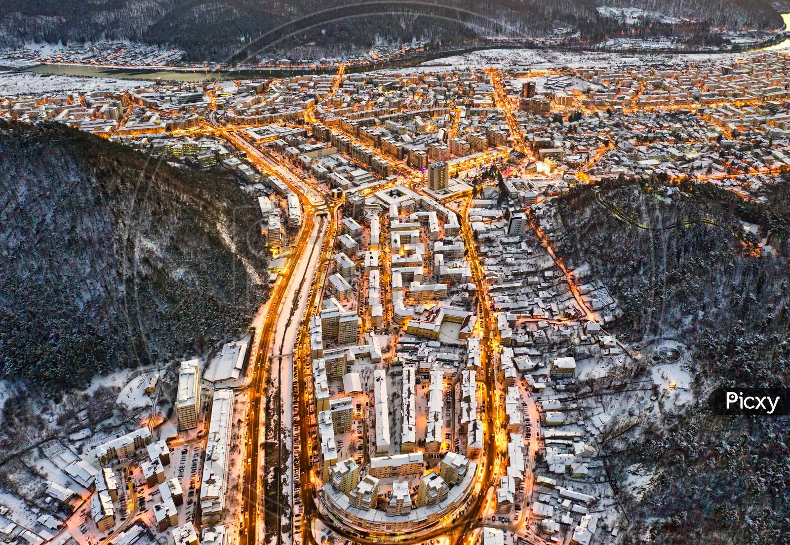 Aerial View Of Evening Mountain City