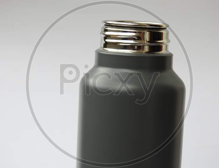 Gray Color Steel Water Bottle with Cap Open and Closed with Base isolated on white background