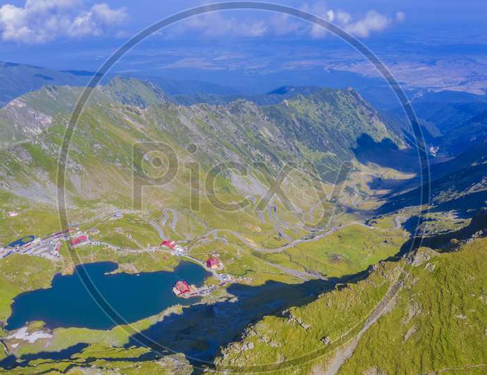 Aerial View Of Balea Lake In Romanian Carpathians