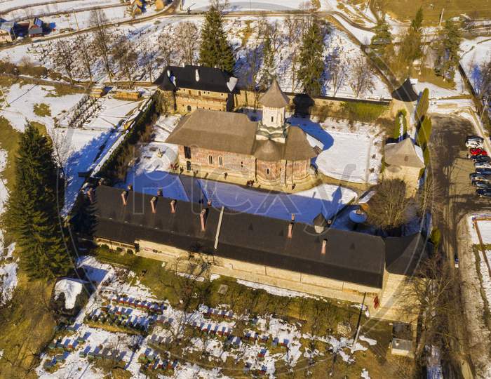 Aerial View Of Moldovita  Monastery In Bukovina.