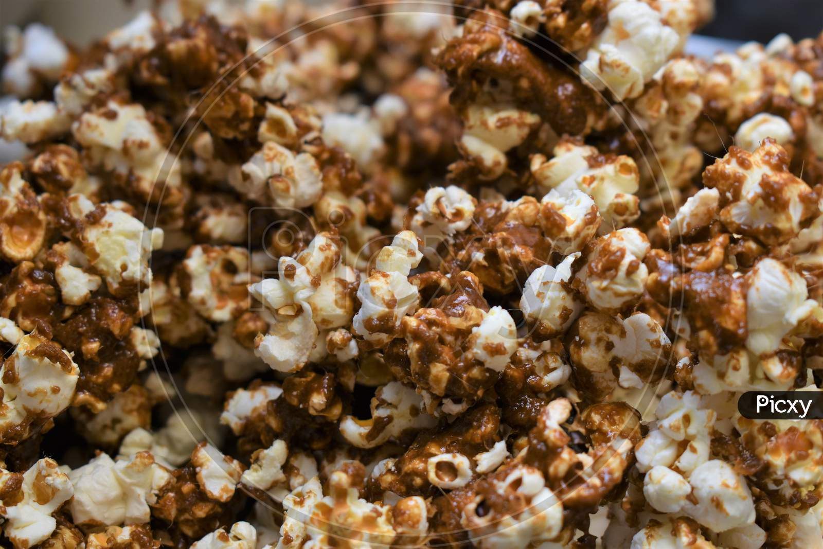 Home Made Caramel Popcorn Closeup Shot In Box .Tasty And Delicious Popcorn