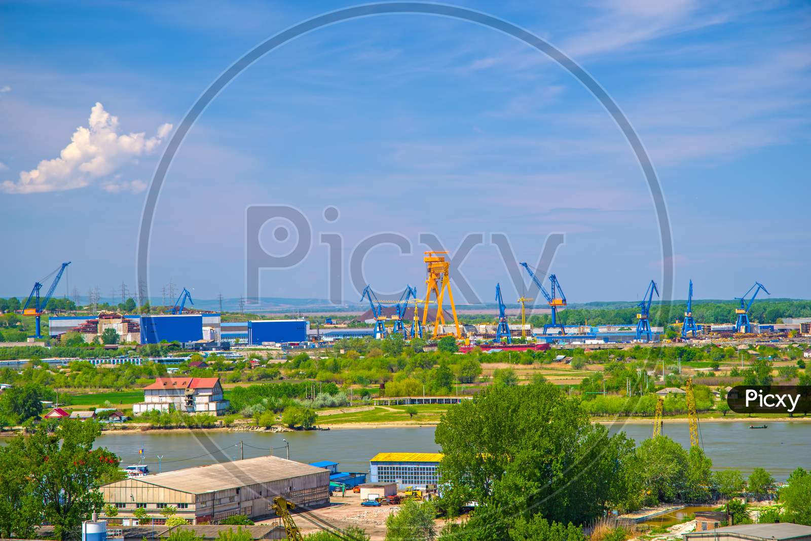 Industrial Cargo Port Skyline, Loading Cranes