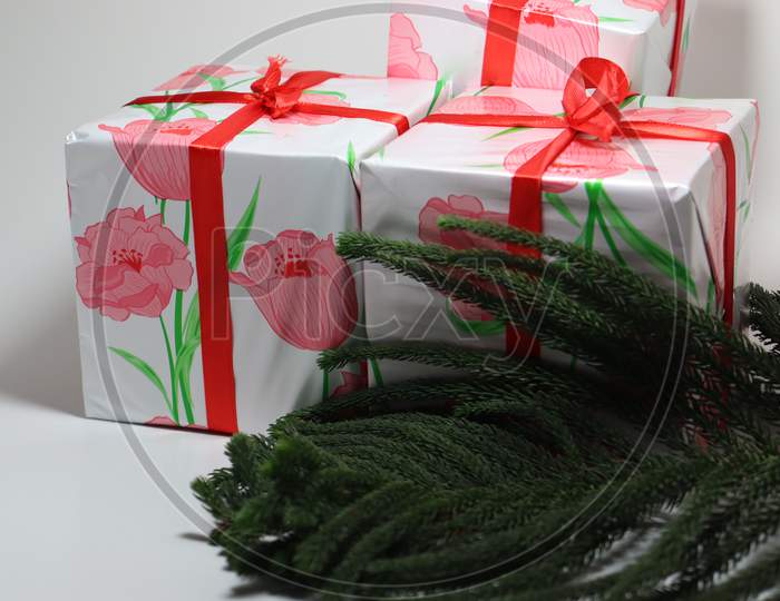 merry Christmas gift box stock with leaf