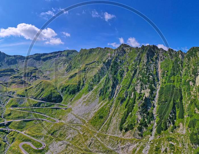Summer Landscape In Fagaras Mountains, Green Crest And Mountain Road