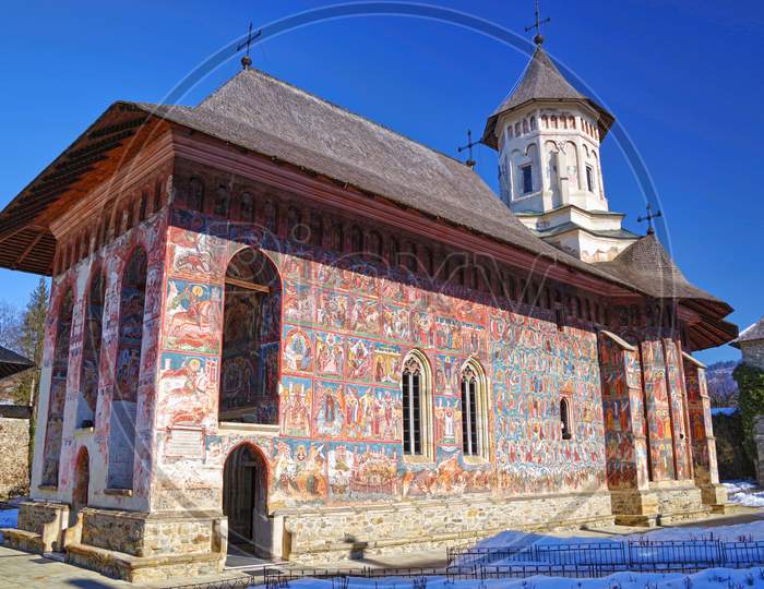 Exterior Frescoes On Moldovita Church Walls