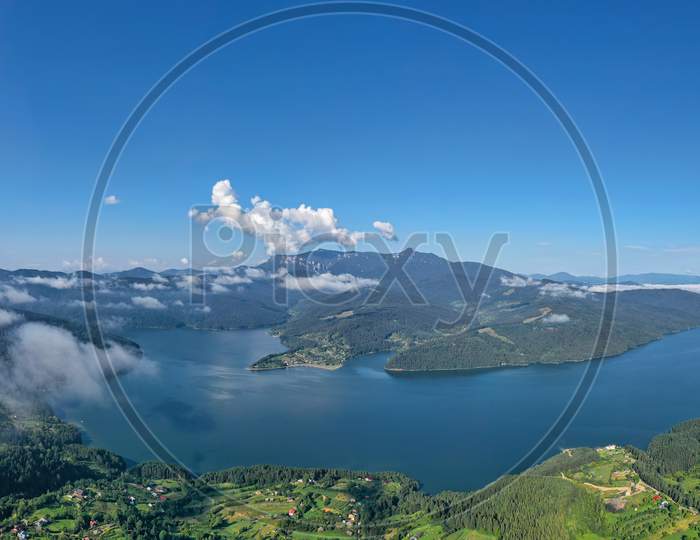 Aerial Panorama Of Mountain Lake