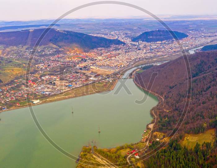 Drone View Of Small City In Romania, Piatra Neamt