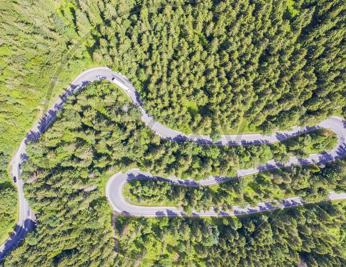 Above View Of Curved Road In Green Forest