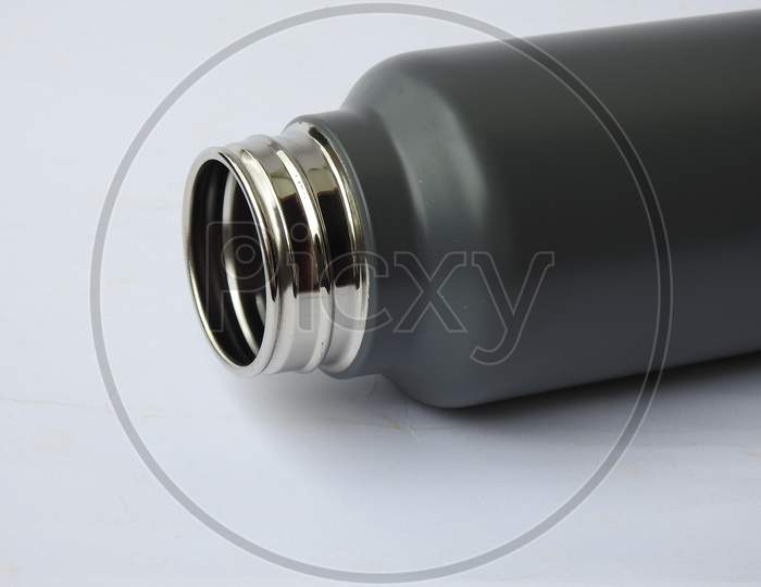 Gray Color Steel Water Bottle with Cap Open and Closed with Base isolated on white background