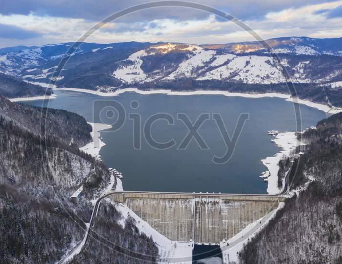 Energy Dam And Road, Aerial Winter Scene
