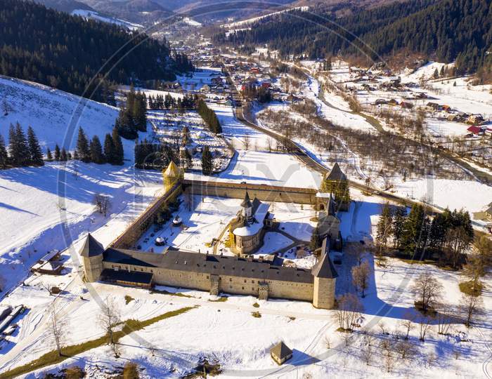 Aerial View Of Sucevita Monastery In Moldavia