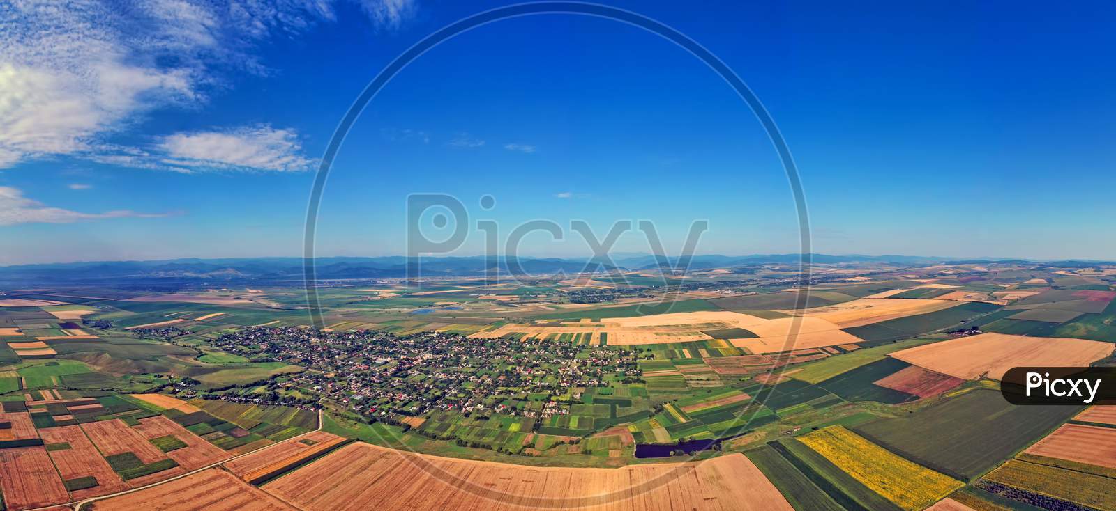Summer Panorama Aerial View Of Fields