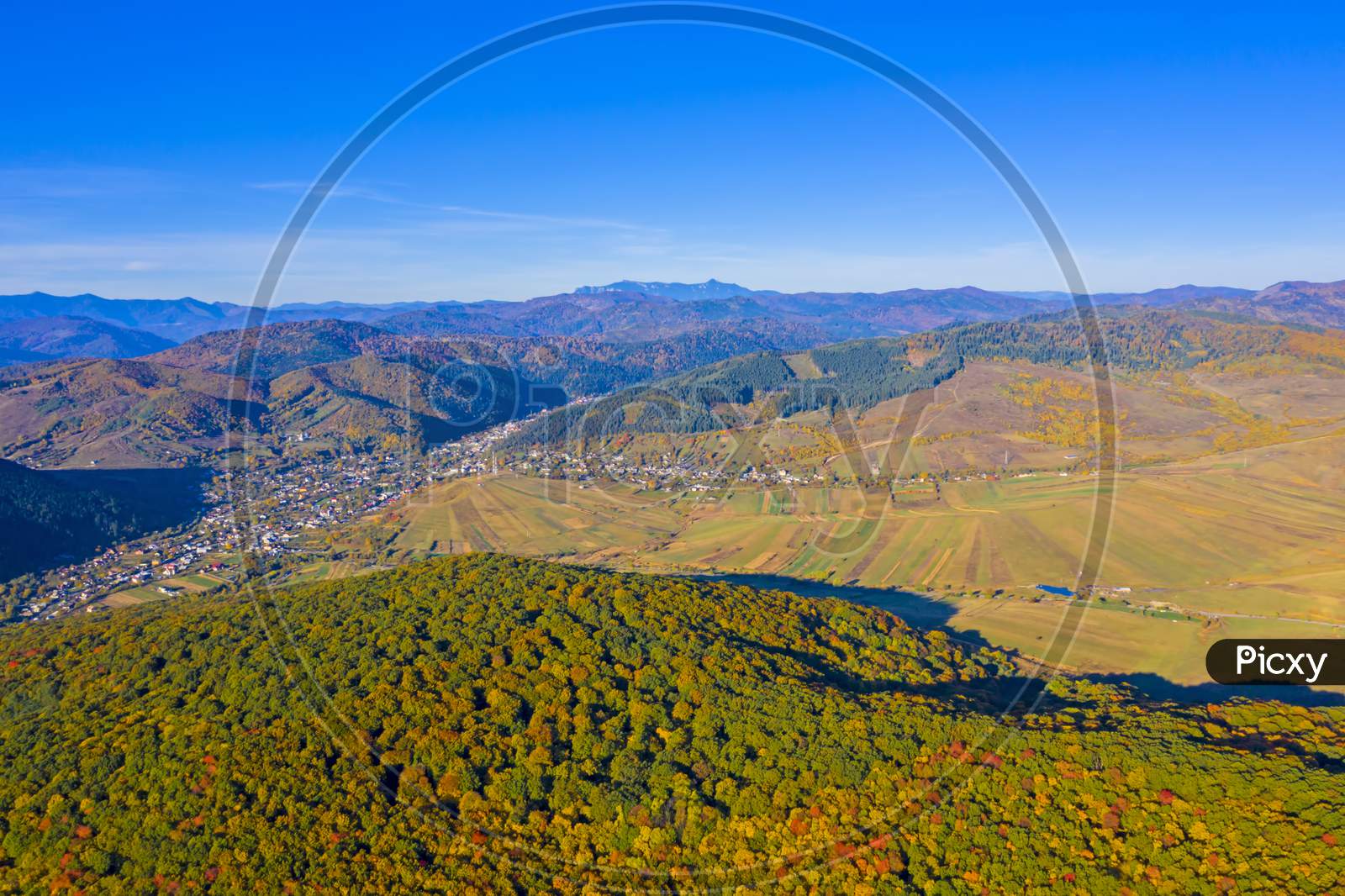 Forest And Village In Aerial Autumn Landscape