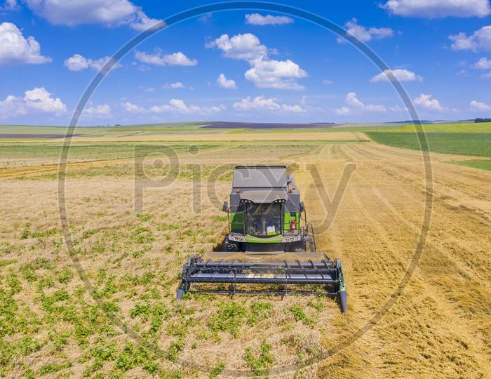 Combine Harvesting Wheat Field