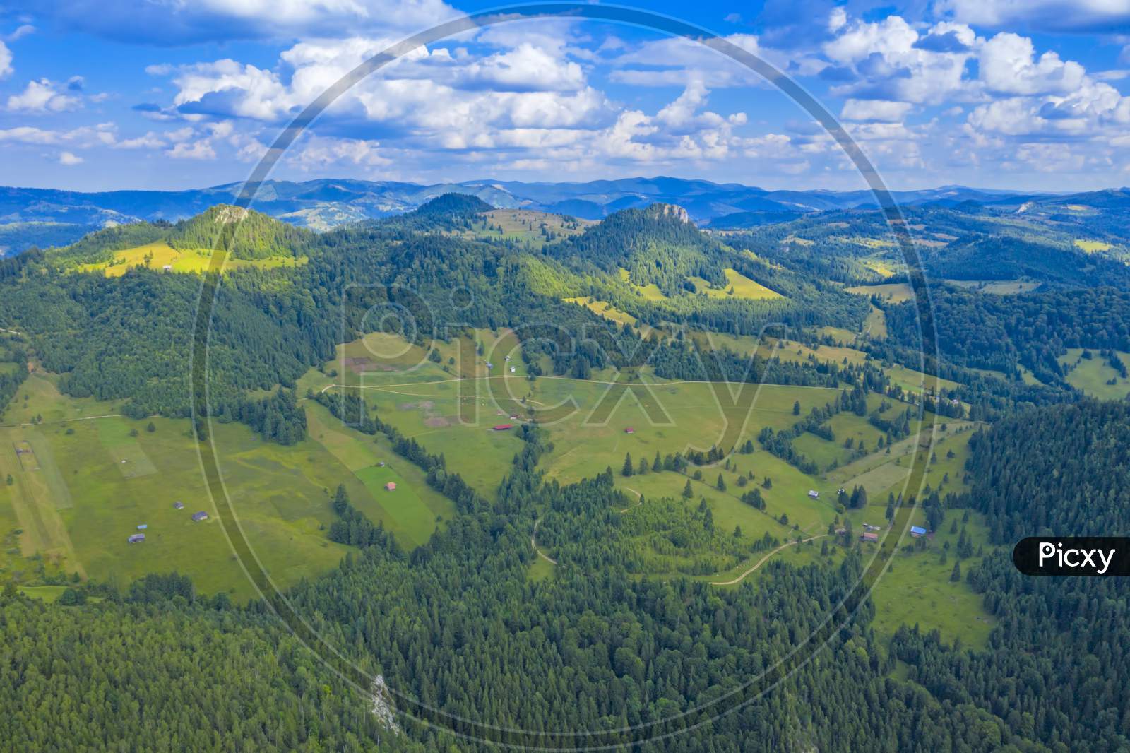 Aerial Mountain Pasture In A Summer Landscape