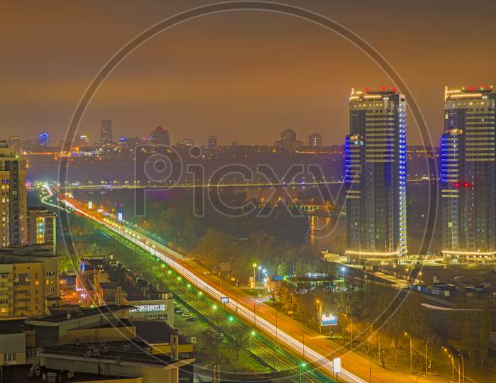 Aerial Night City Modern Buildings In Kiev
