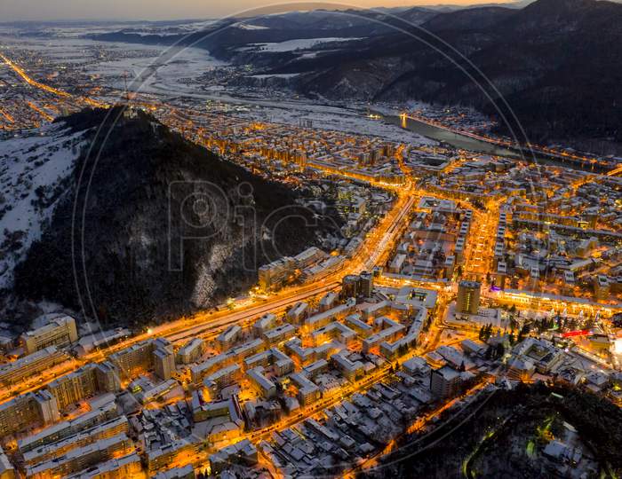 Night Scene With City Lights, Aerial Winter Scene