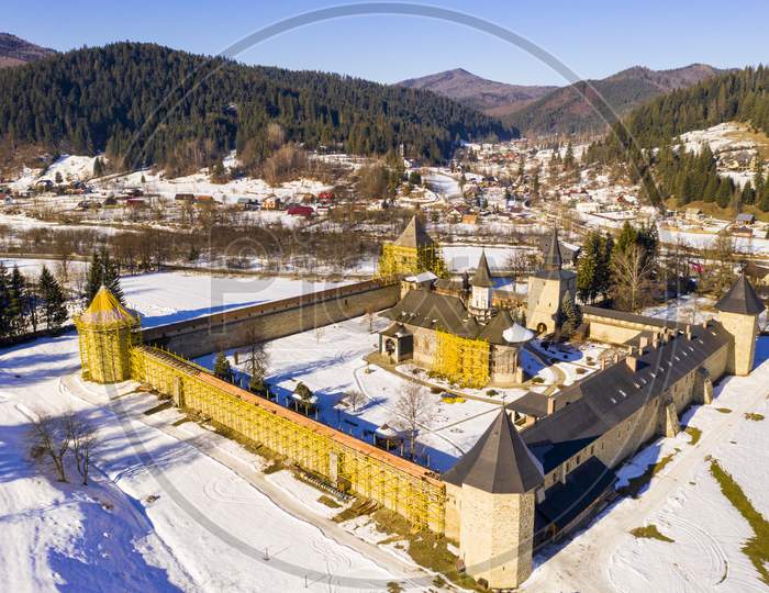 Sucevita Monastery In Bukovina, Aerial Landscape