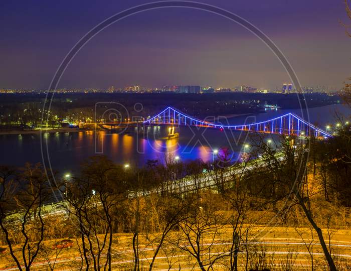 Aerial Dnieper River View And Patona Bridge In Night