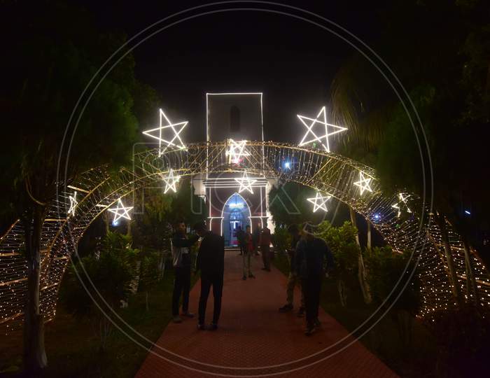 Illuminated  Baptist Church ahead of the Christmas festival, in  Nagaon District of Assam on Dec 24,2020.The Nagaon Baptist Church was established in 1846 by Miles Bronson, considered as one of the pioneers in conserving and promoting the Assamese language
