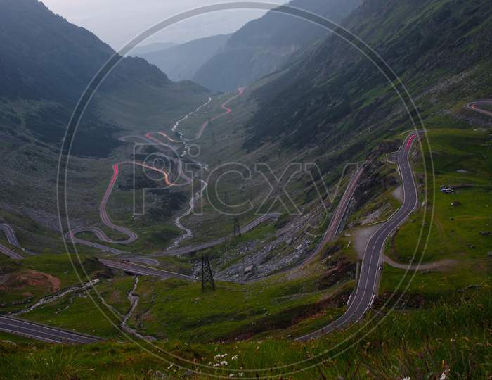 Curvy Road In Mountains, Traffic Lights