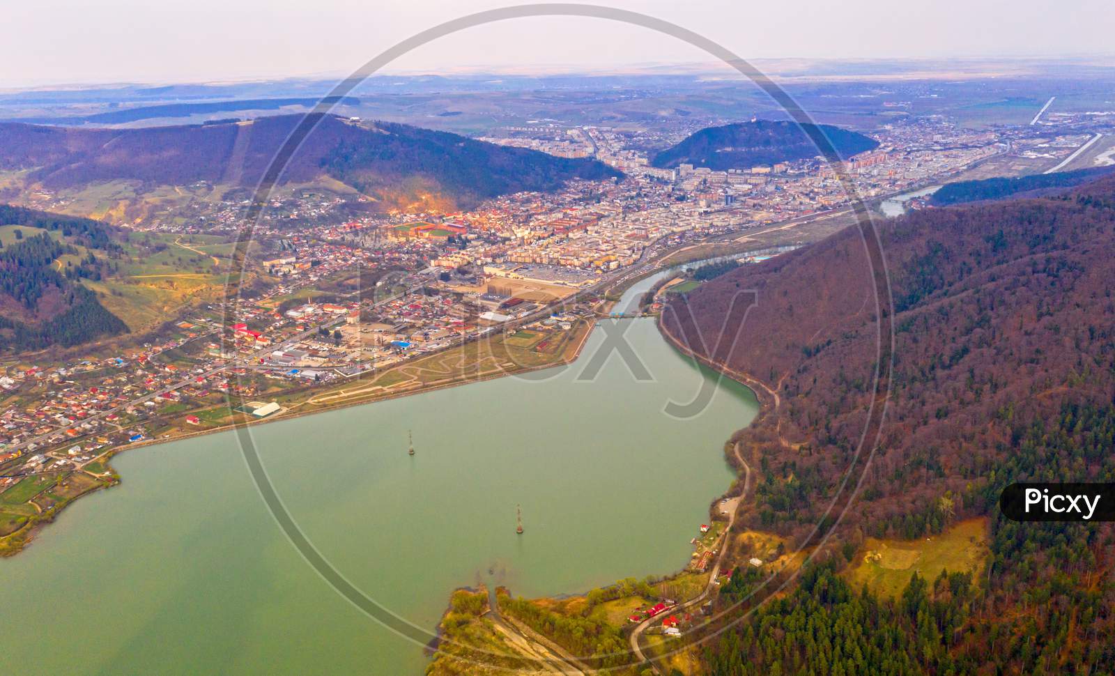 Drone View Of Small City In Romania, Piatra Neamt