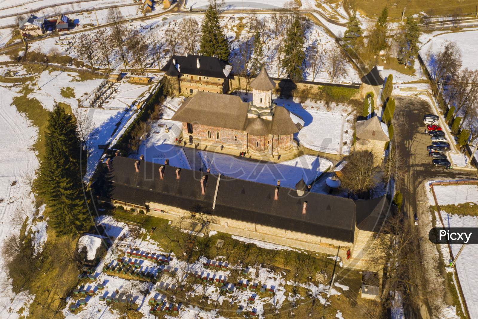 Aerial View Of Moldovita  Monastery In Bukovina.