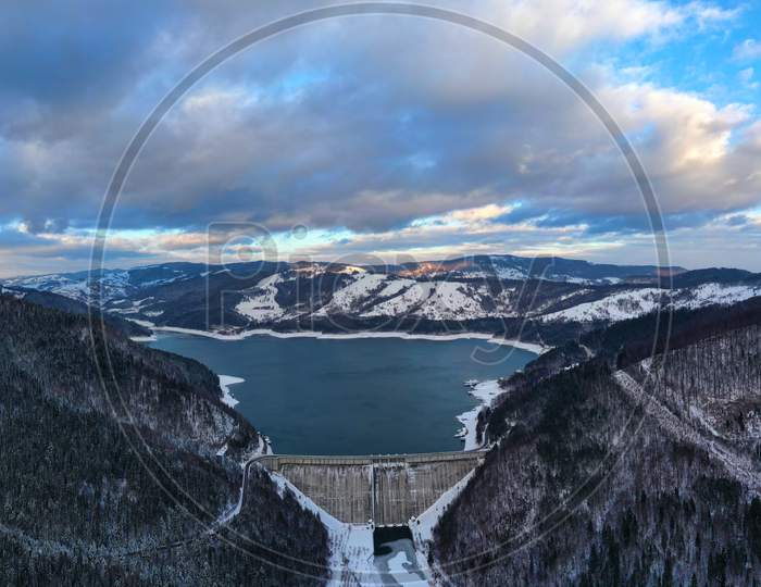 Aerial View Of Energy Dam In Winter