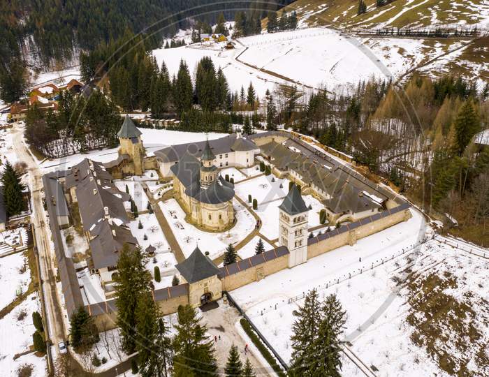Aerial View Of Putna Monastery In Winter