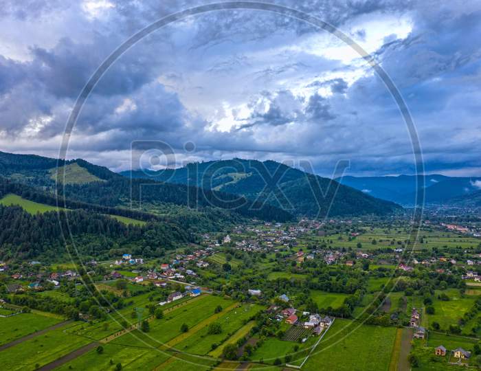 Aerial Landscape Of Mountain Village In Carpathians