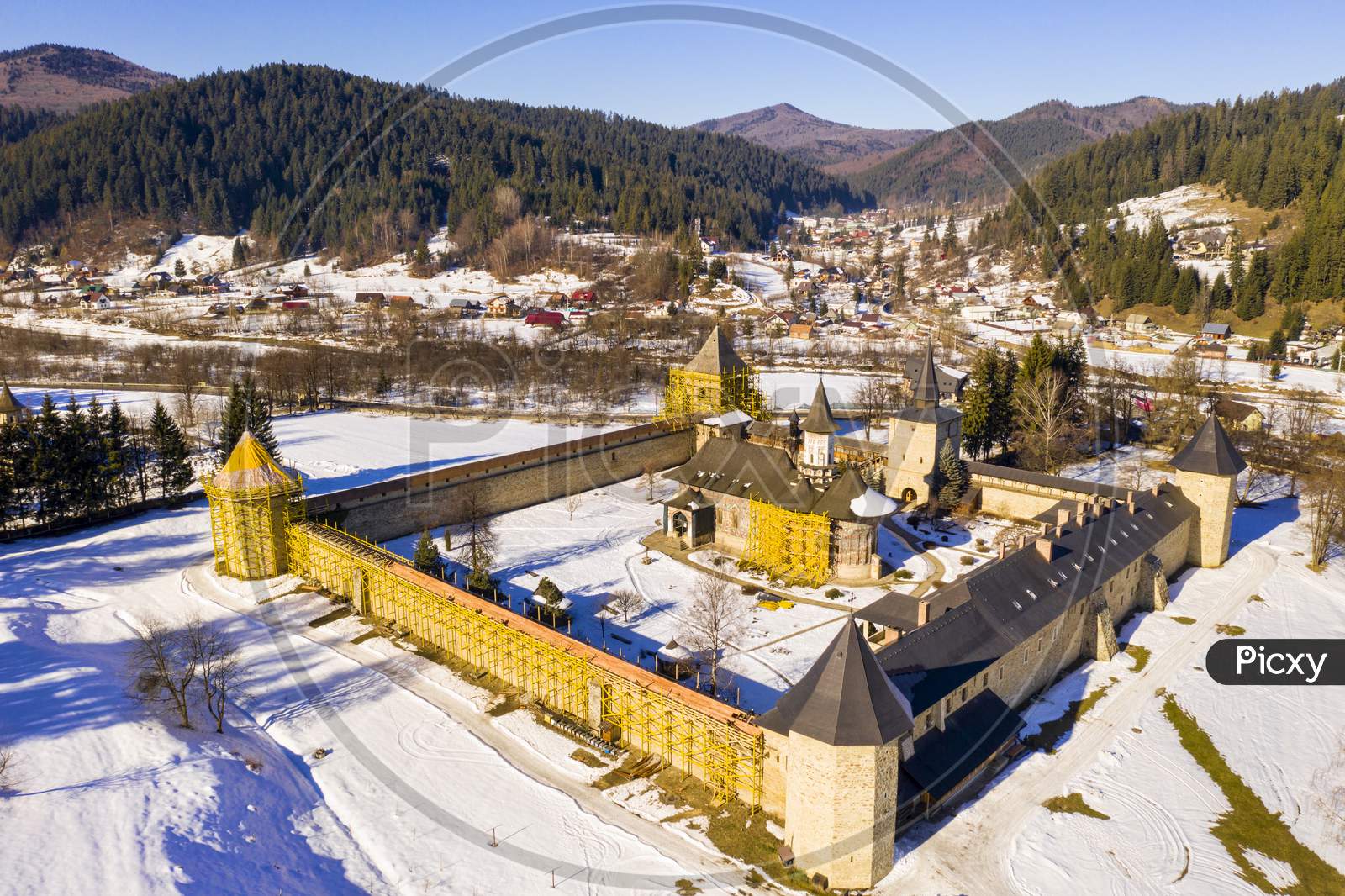 Sucevita Monastery In Bukovina, Aerial Landscape