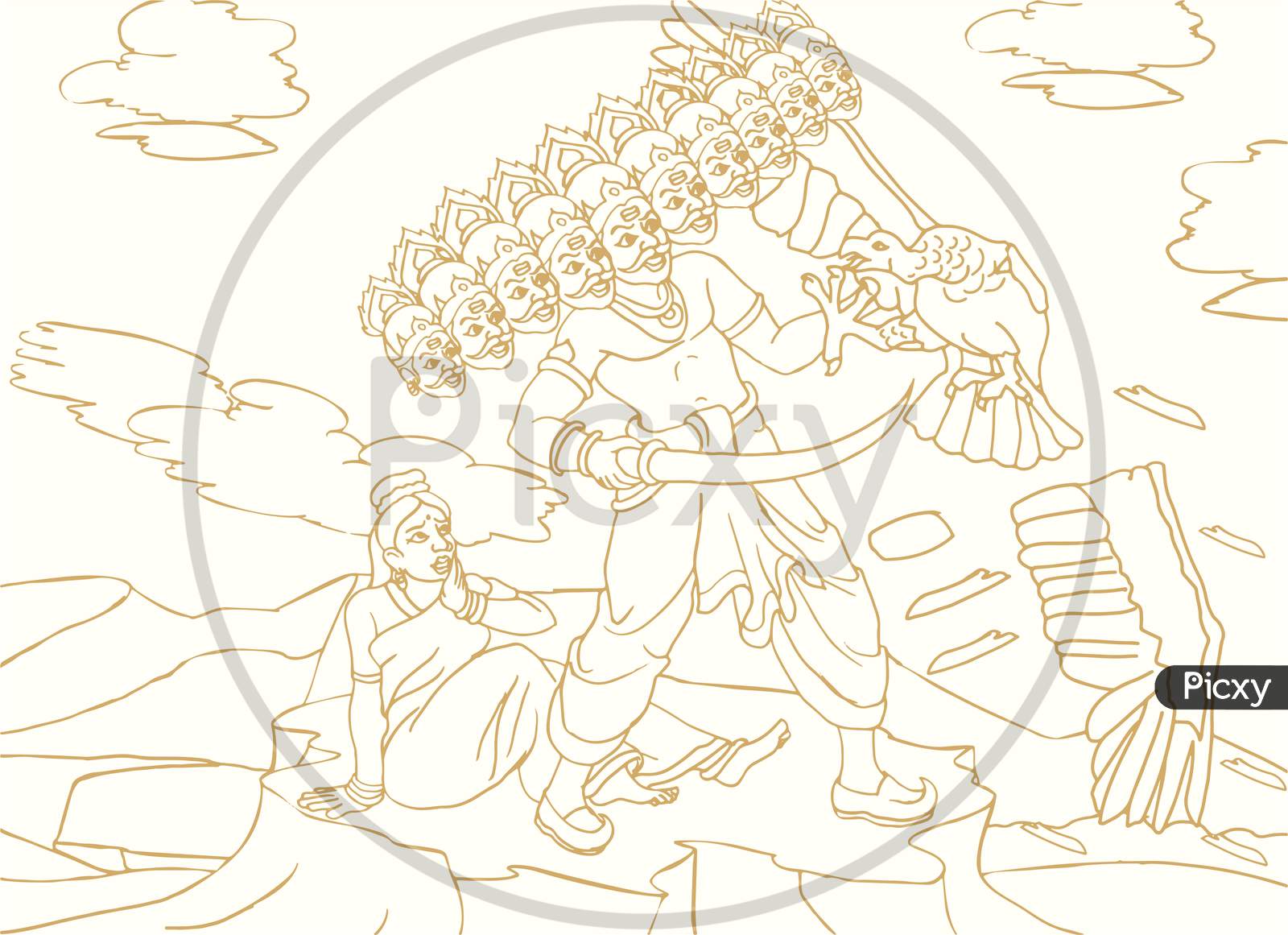 Sketch Of Ten Headed Ravana Cutting The Jatayu Or Eagle Wings In A Ramayan Outline Editable Vector Illustration