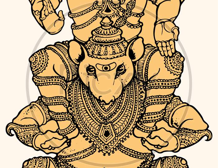 Drawing Of Lord Ganesha Vehicle Mouse Lifting And Sit Above The His Head Vector Outline Editable Illustration